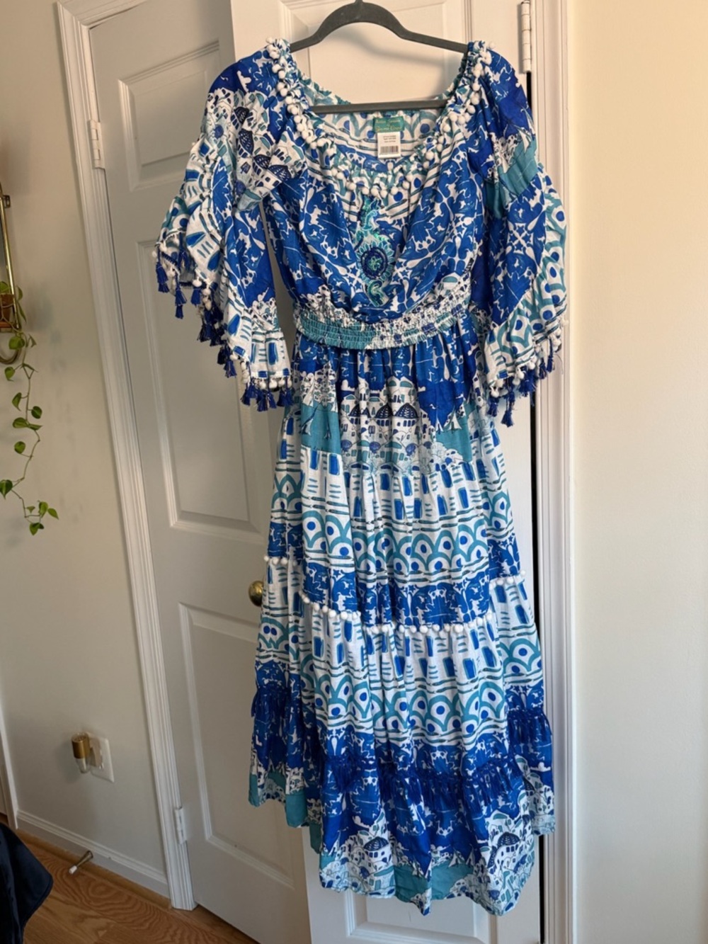 Antica Sartoria Positano Italy 2pc Top Skirt Set Blue Tassel Pom Pom OS